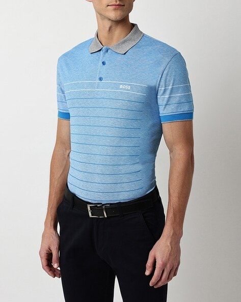 Striped Polo T shirt with Contrast Collar