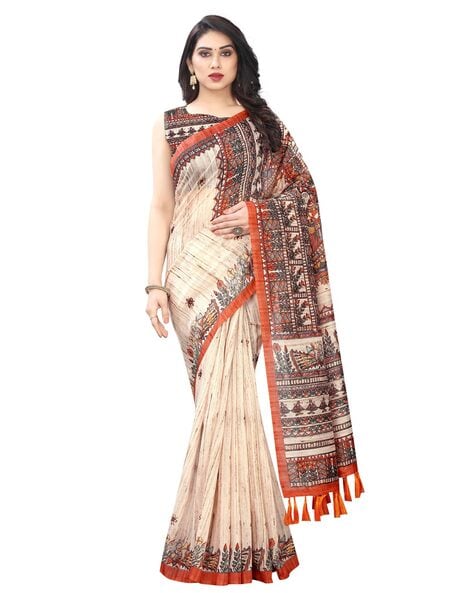 Awe-inspiring Designer Cream Silk Saree With Tassel Border – TrendOye