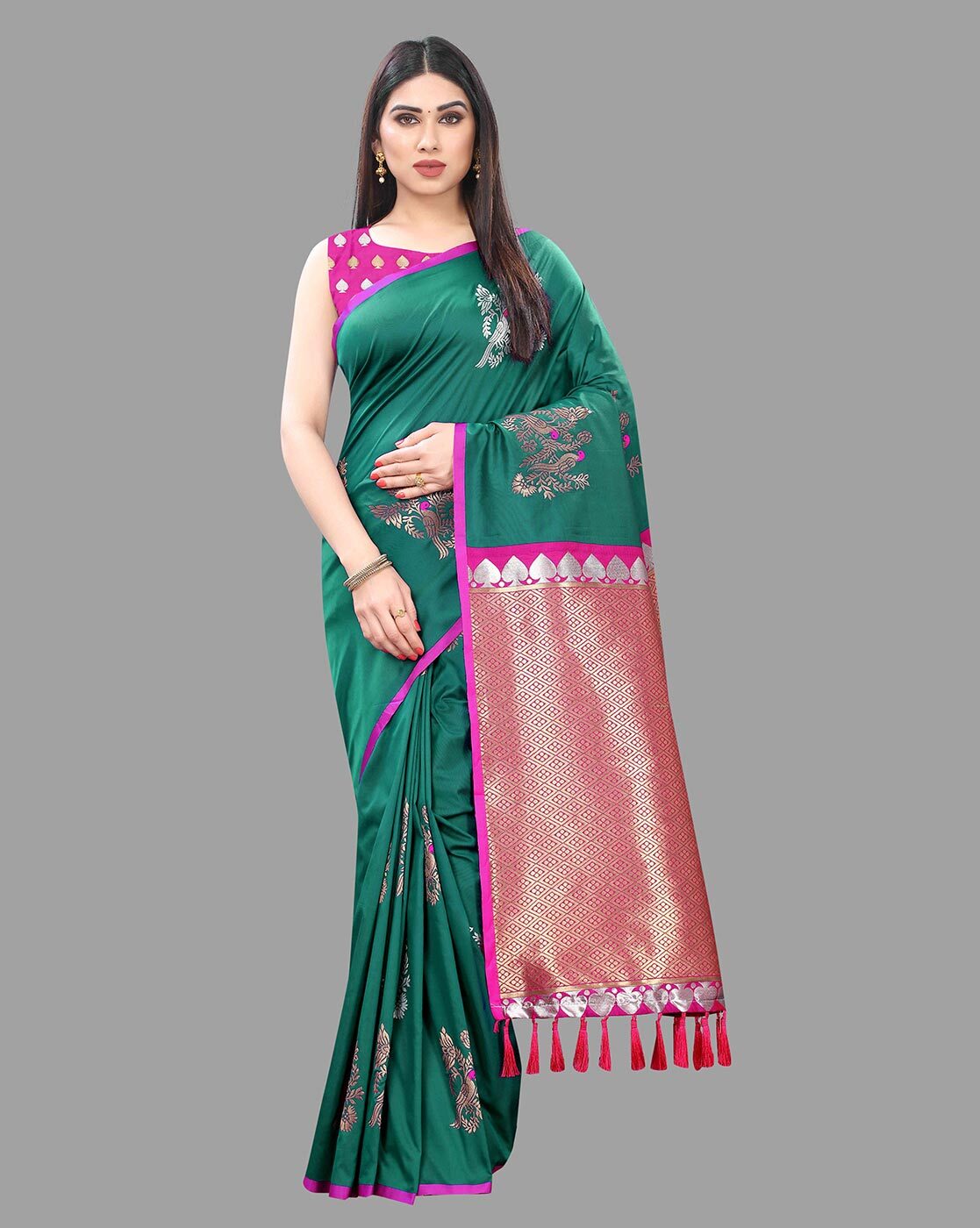 Pink tissue meenakari jacquard silksaree, contrast intricate pallu & border  of mayil kan manga,muthu & veldhari stripes