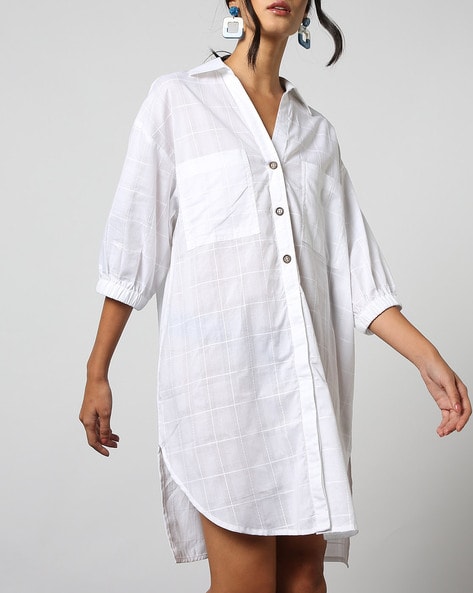 Buy Cottinfab Women Blue & White Striped Pure Cotton Shirt Dress Midi at  Amazon.in