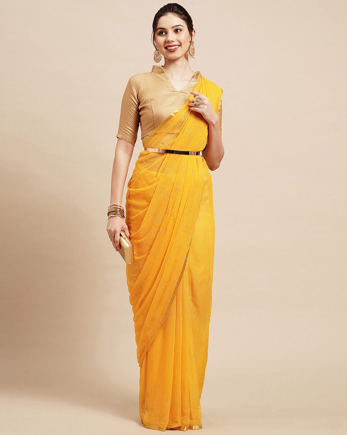 Dusty Yellow Crepe Silk And Net Belt Style Saree