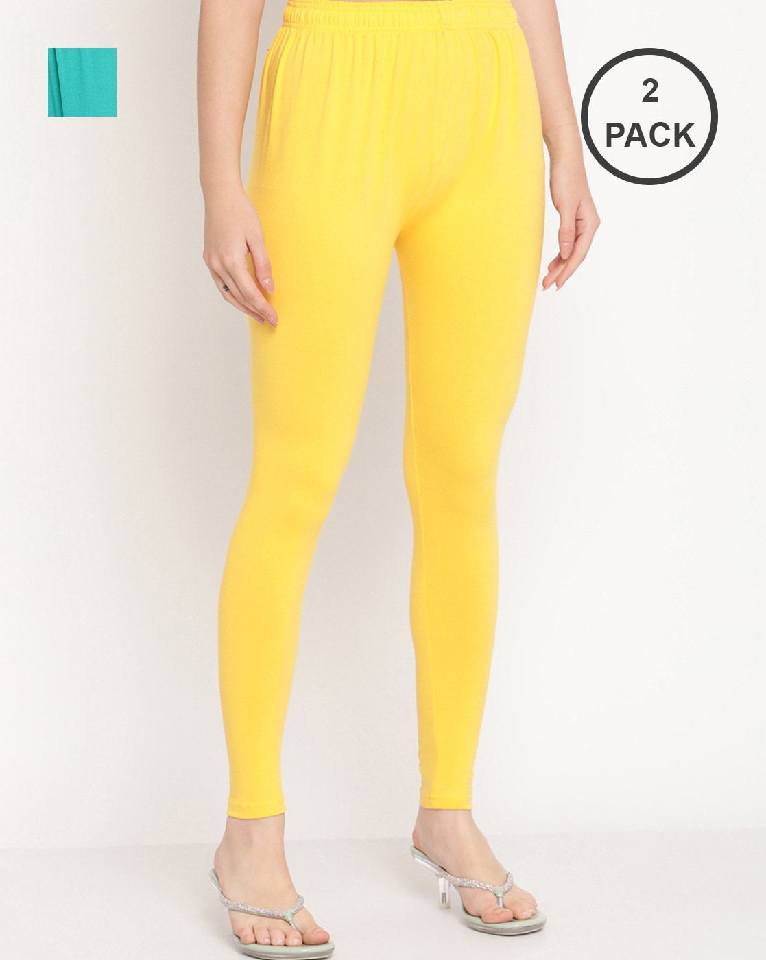 City Fashion Women's Solid Yellow Cotton Lycra Blend Ankle Length Leggings