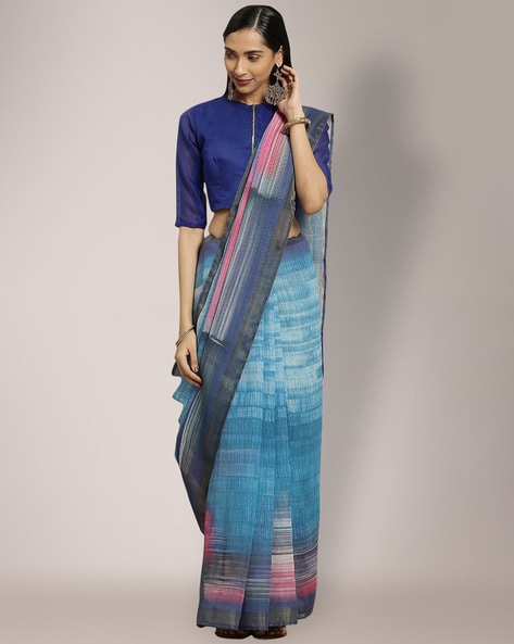 Buy sky blue linen saree online crafted by Craftiva | Sky blue linen saree