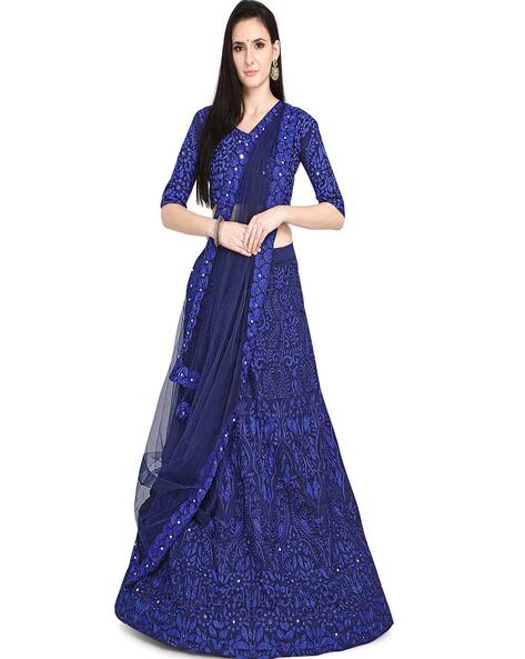 Navy blue lengha with a crop top | Lehenga designs simple, Velvet dress  designs, Traditional indian dress