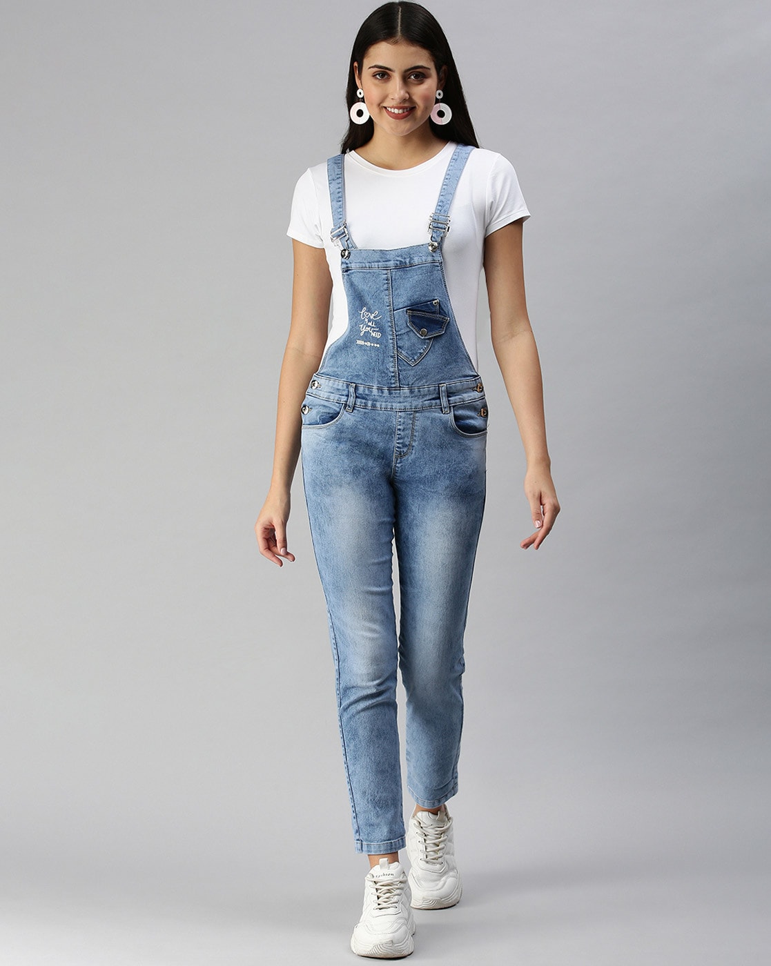 Whitney Denim Carpenter Double Knee Dungarees in Stone Wash - Glue Store