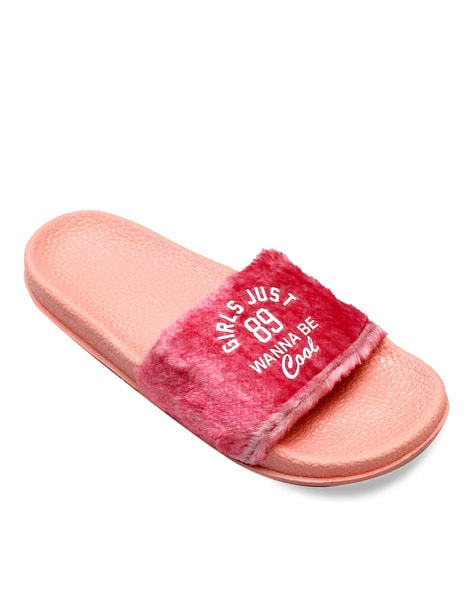 Typographic Print Fur Lined Slides