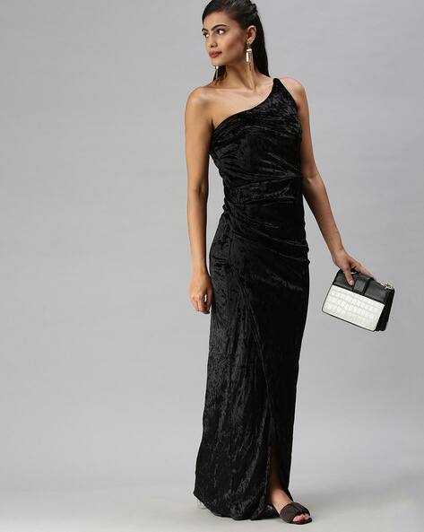 one shoulder black dress long