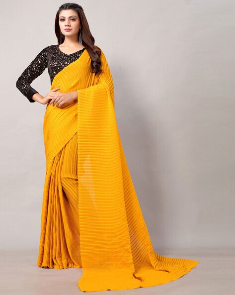 Yellow color sequence saree with simple and sober border and jhalar  attractive look - Aumi - 4181569