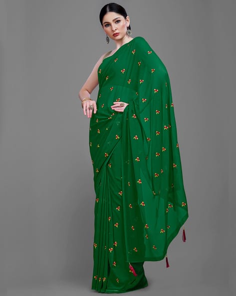 Floral Embroidered Georgette Saree with Tassels
