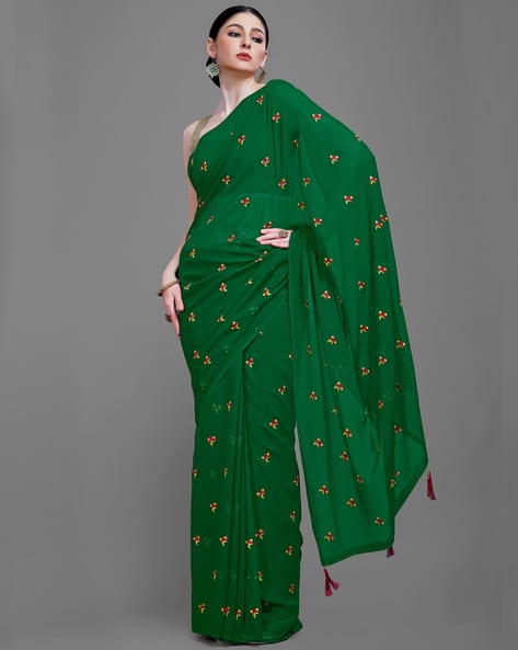 Floral Embroidered Georgette Saree with Tassels view 3