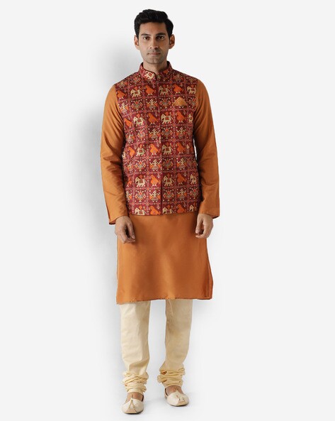 Men Brown Button Down Kurta With Jacket and Pyjama