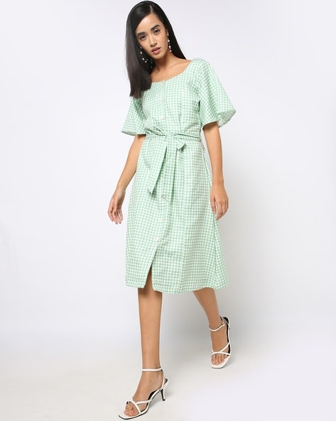 Buy TIE-STRAP A-LINE GREEN MIDI DRESS for Women Online in India