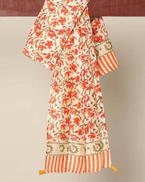 Handblock Print Chanderi Stole with Tassels view 3