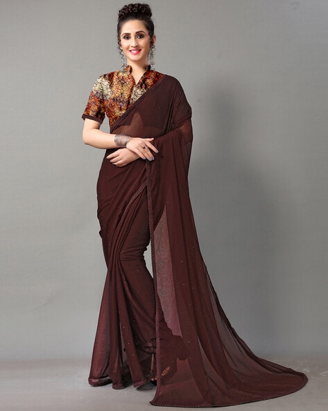 Wood Brown Banarasi Khaddi Georgette Jaal Saree | Saree blouse designs,  Chiffon saree, Stylish sarees