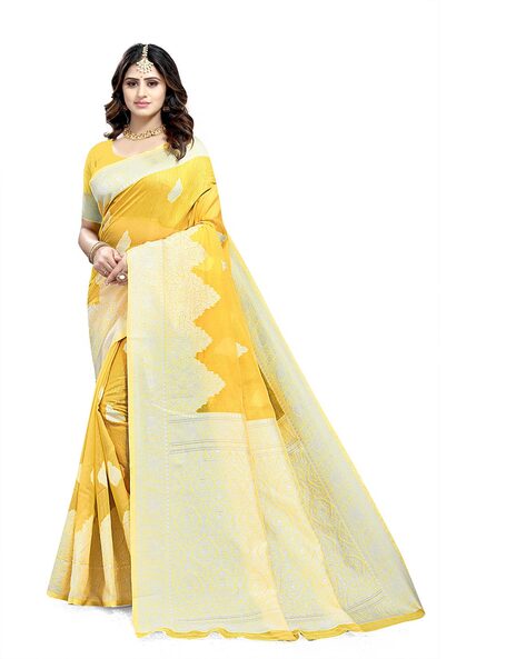 Handwoven Pure Chiffon Floral Print Ivory and yellow Saree | Bholi Sarees