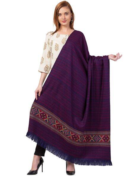 Striped Woolen Shawl with Fringe-Hem