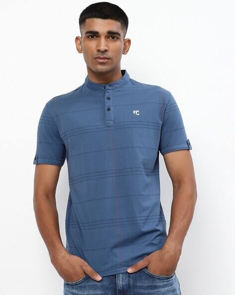 Striped T-shirt with Band Collar