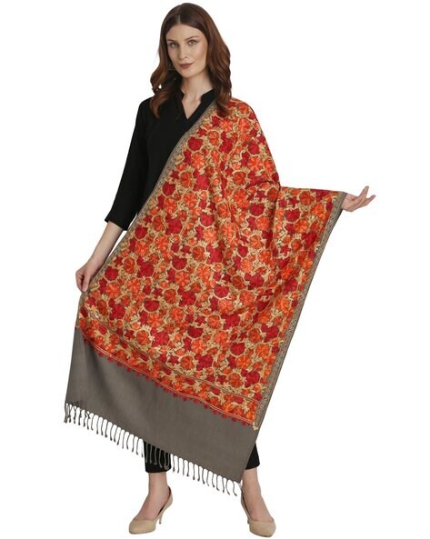 Floral Embroidered Shawl with Fringes Price in India