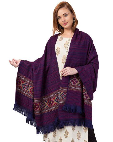 Striped Woolen Shawl with Fringe-Hem view 3