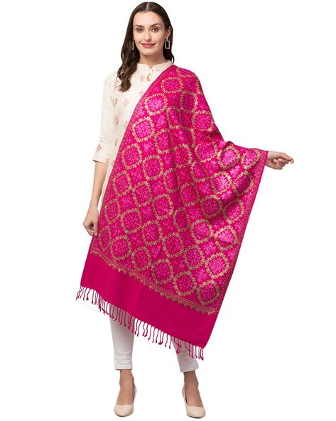 Floral Embroidered Shawl with Fringes Price in India