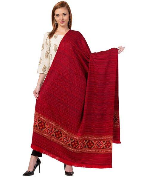 Striped Woven Shawl with Fringe-Hem