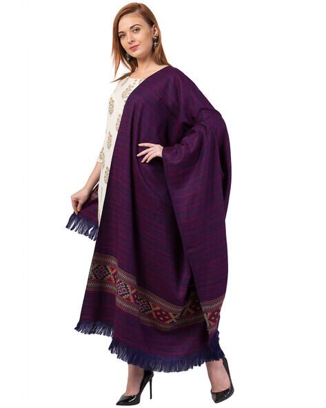 Striped Woolen Shawl with Fringe-Hem view 2