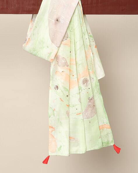 Hand Marble Print Chanderi Stole with Tassels view 3