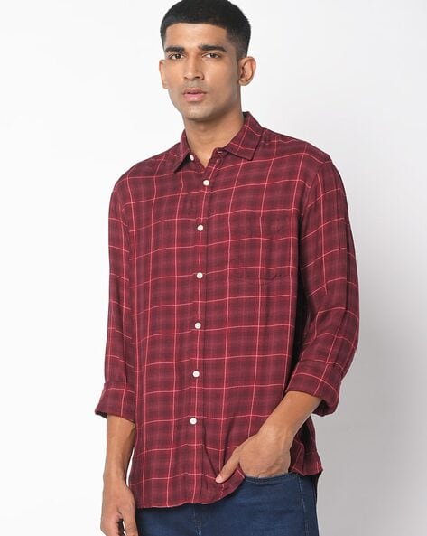 burgundy checkered dress shirt