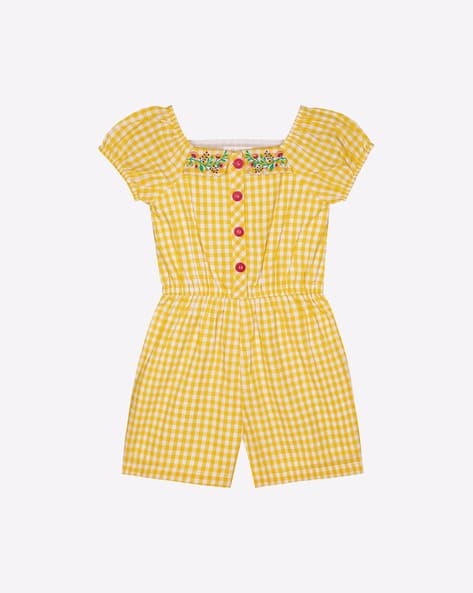 Checked Playsuit with Placement Embroidery