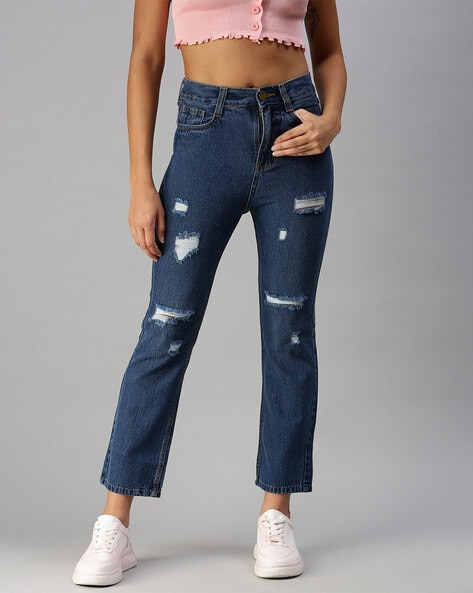 Buy STRAIGHT RIPPED BLUE HIGH-WAIST JEANS for Women Online in India