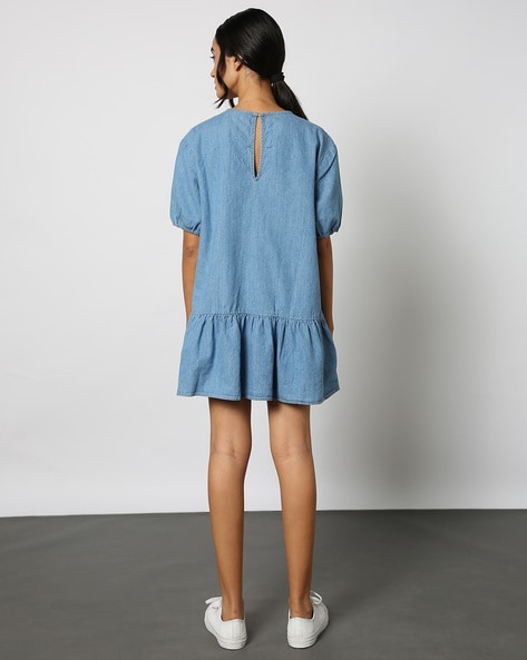 Blue ikat printed drop-waist dress by Neemboo | The Secret Label