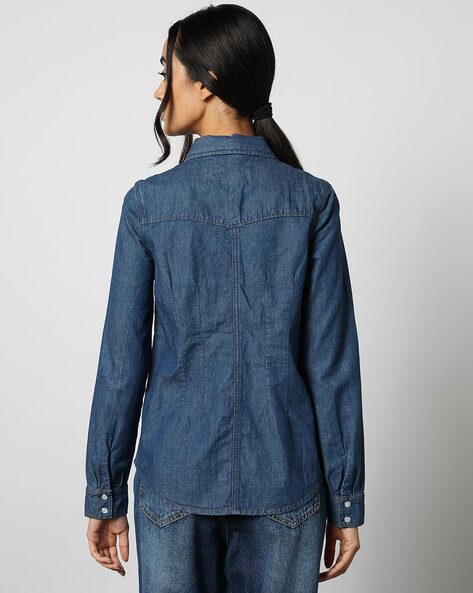Buy Noggah Solid Blue Full Sleeves Classic Collar Denim Shirts for Women,  Unique and Stylish, Cool and Comfortale, Long Lasting Without Fading, for  handwash only, for Double Denim Look at Amazon.in
