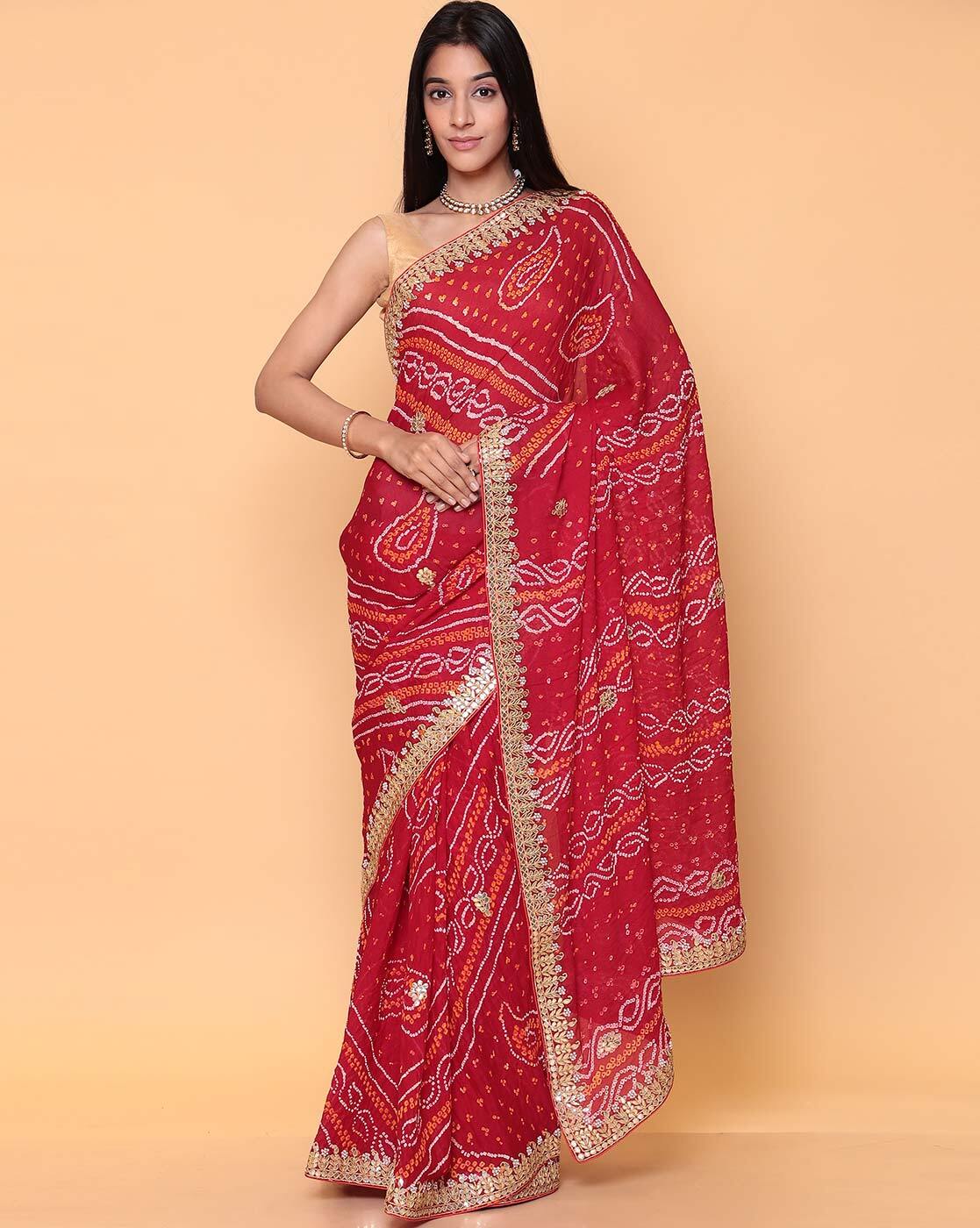 Red Leheriya Printed Georgette Saree With Sequins Border