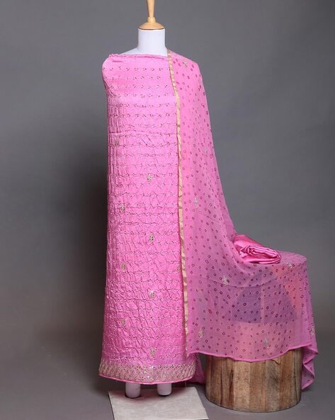 Beige & Pink Satin Georgette Embroidered Dress Material With Banarasi  Dupatta - Mf Next Com - 3817877