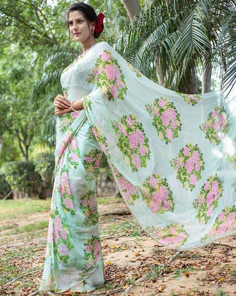 Green Georgette Saree In Floral Print 5279SR06