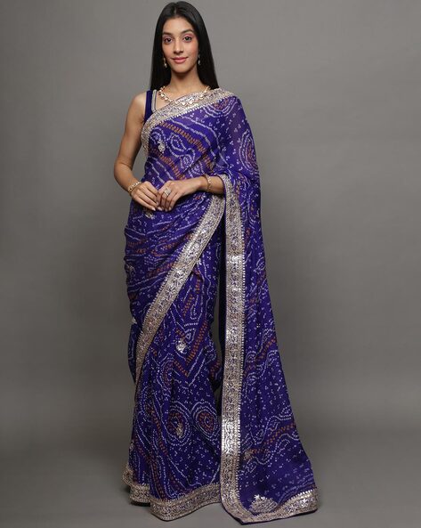 Green Contrast Blouse With Navy Blue Bandhani Printed Patola Saree –  tapee.in