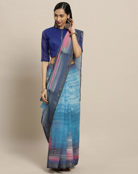 Women's Night Blue Linen Saree With Blouse