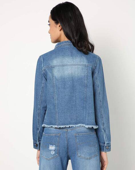 Panelled Denim Jacket with Frayed Hem