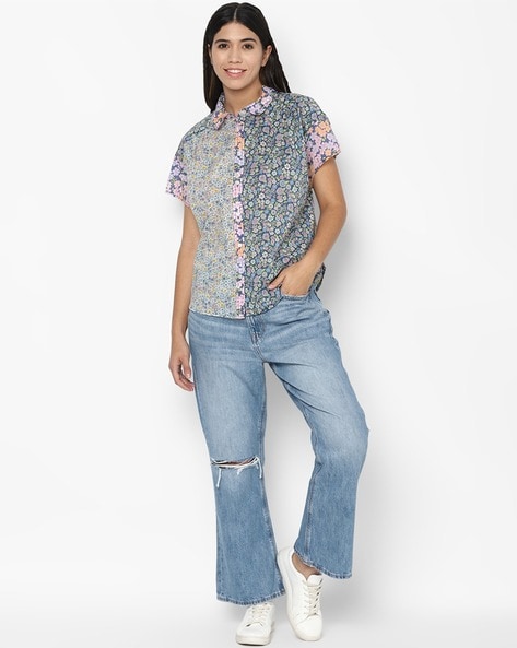 Buy Mayori Sakura Floral Embroidery Denim Shirt online