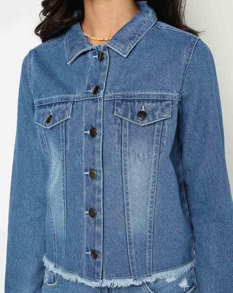 Panelled Denim Jacket with Frayed Hem