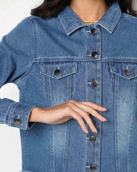 Panelled Denim Jacket with Frayed Hem