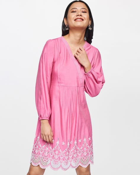Global Desi Schiffli Embroidered V-neck A-line Dress