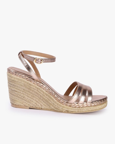 Women Ankle Strap Rose Gold Espadrille Wedges