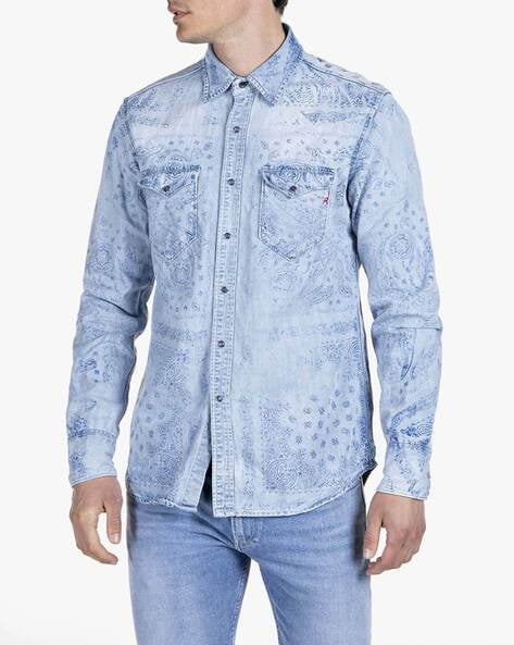 75% OFF on Teesort Men Blue Slim Fit Printed Denim Casual Shirt on Myntra |  PaisaWapas.com