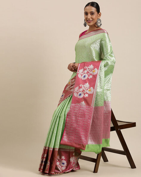 EKKTARA Saree For Women Pista Green Pure Tissue Silk Double Blouse Sar –  Ekktara