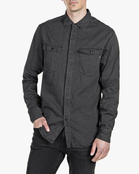 Buy Ed Hardy Men Men Black Western Yoke Dark Wash Denim Shirt - NNNOW.com