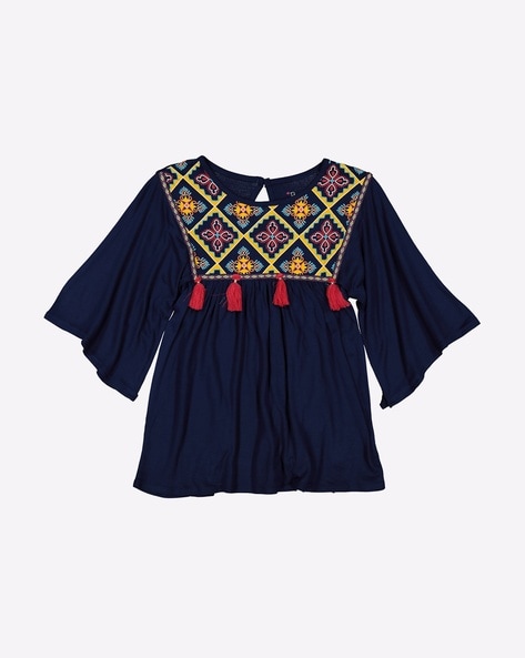 Printed Boho Top with Tassel Detail