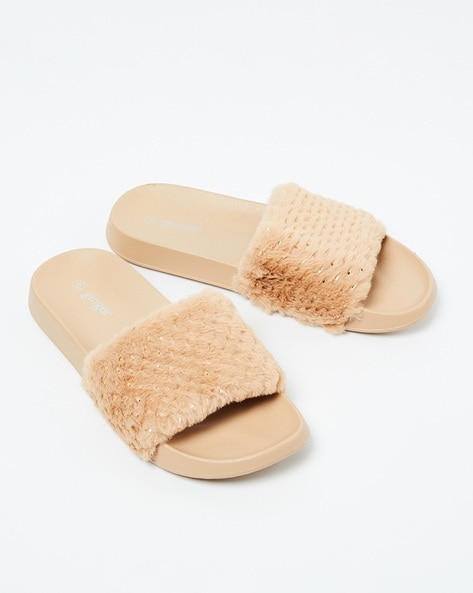 LADIES FLAT FAUX FLUFFY WOMENS FUR SLIP ON SUMMER SLIDES SLIDERS SANDALS  SHOES | eBay