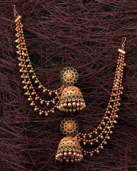 Buy MEENAZ Traditional Temple One Gram Gold Brass Copper South Indian Screw  Back Studs Meenakari Stone Ear Chains Hair Peacock Jhumkas Jhumka Earrings  Combo for Women Girls Wedding chain -GOLD JHUMKI-M108 Online