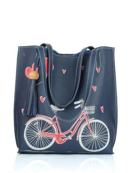 STYLE 98 Graphic Print Tote Bag with Tassels
